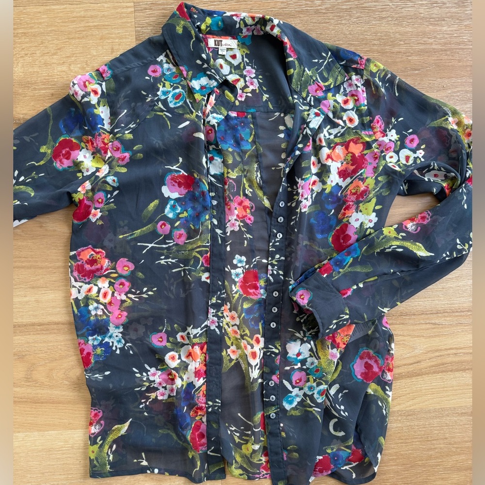KUT from the Kloth Sheer Floral Button Down Blouse- L